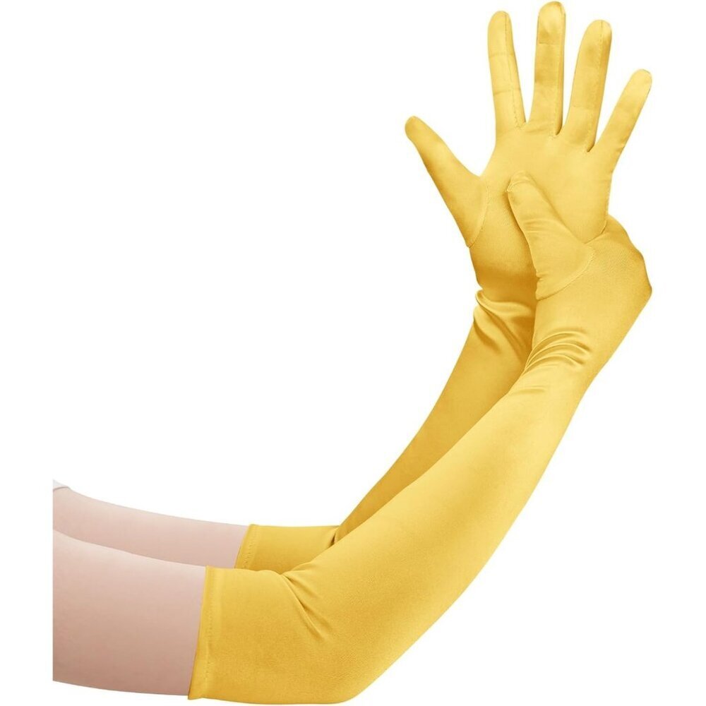 Women's Yellow Long Satin Opera Fabric Gloves Party Tea Stretchy Elbow Length
